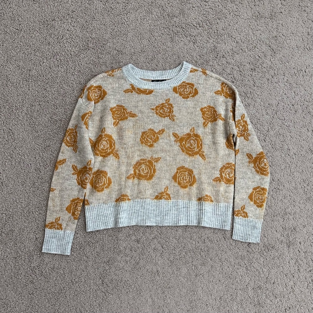 Jessica Simpson Floral Knit Crewneck Sweater Womens XS Mustard Gray